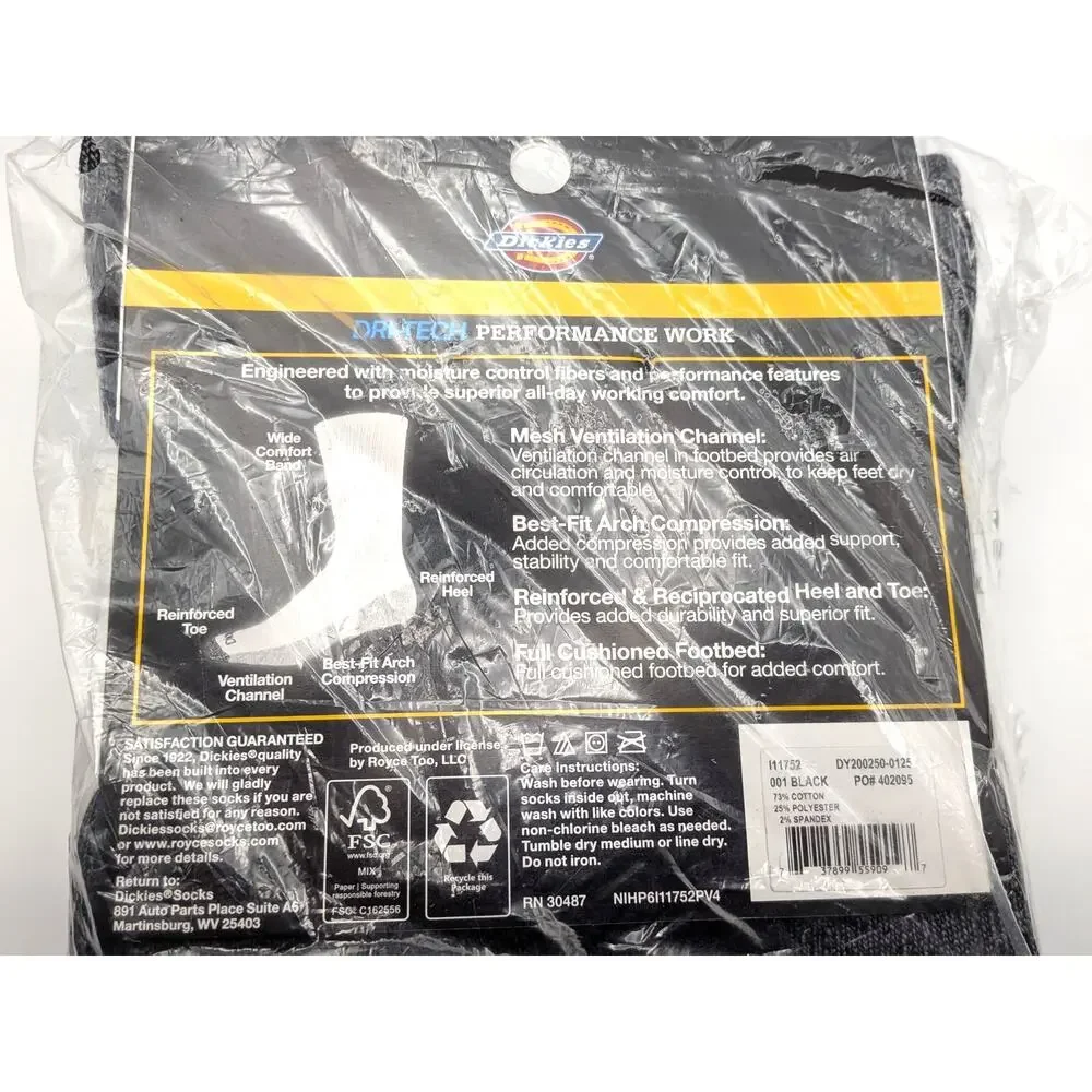 DICKIES Dri-Tech Performance Work Crew Socks Men Black 5 Pair NEW